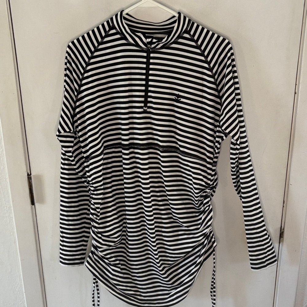 Coolibar Lawai black white tripped ruched swim shirt coverup Size XL